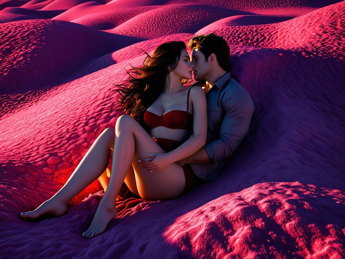 Couple Kissing in Surreal Pink Sand Dune Landscape