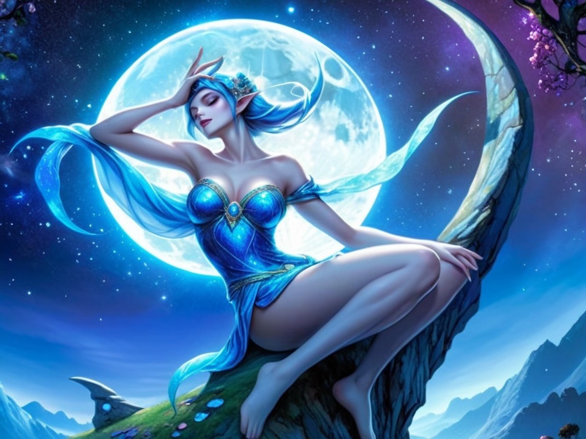 Mystical figure on crescent moon in starry night sky