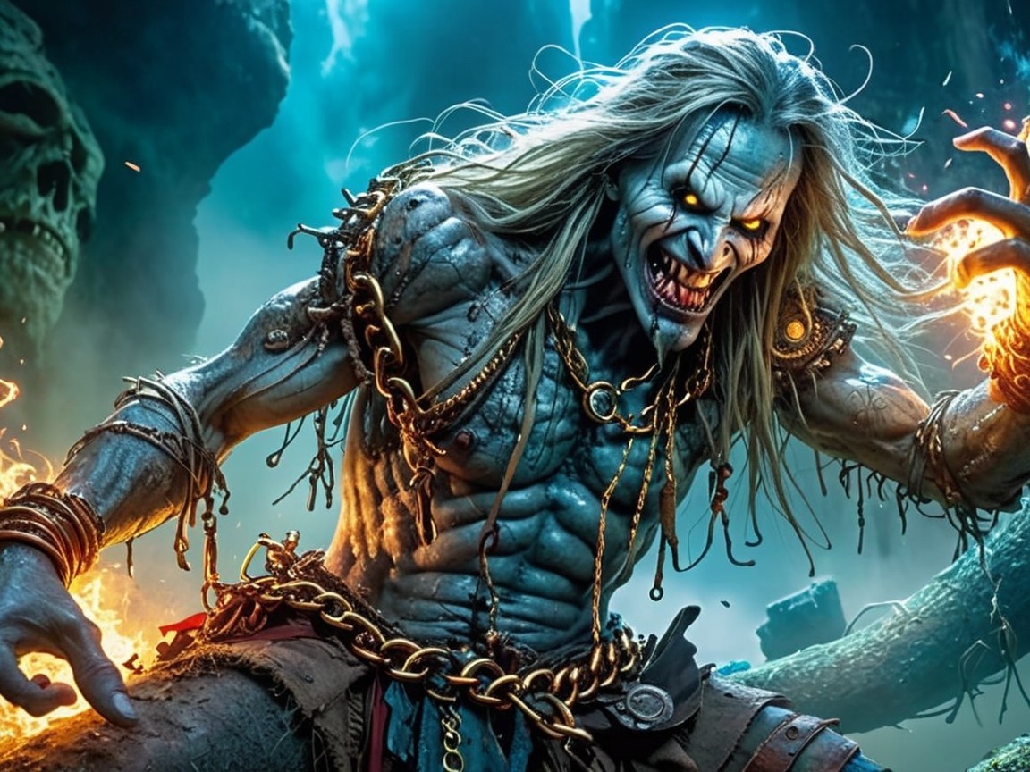 Menacing creature in dark mystical setting with chains