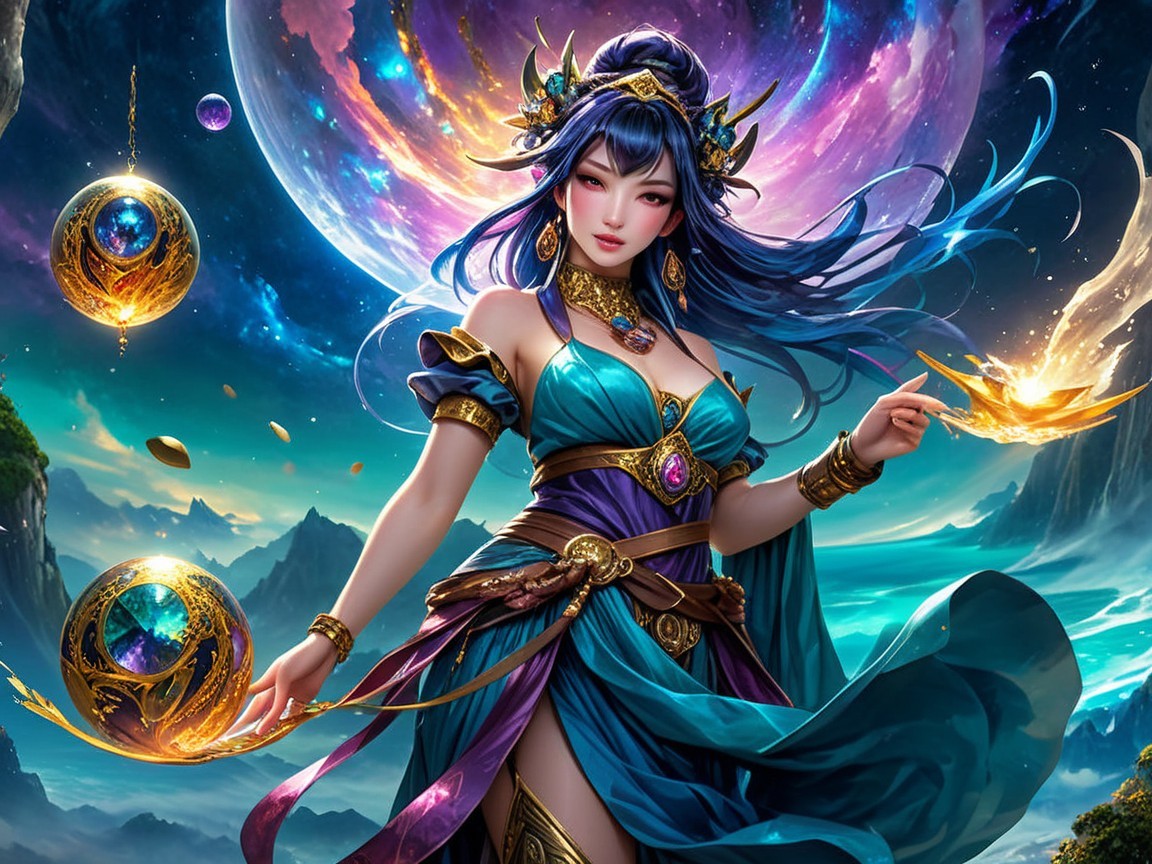 Fantasy Character in Turquoise and Gold Outfit