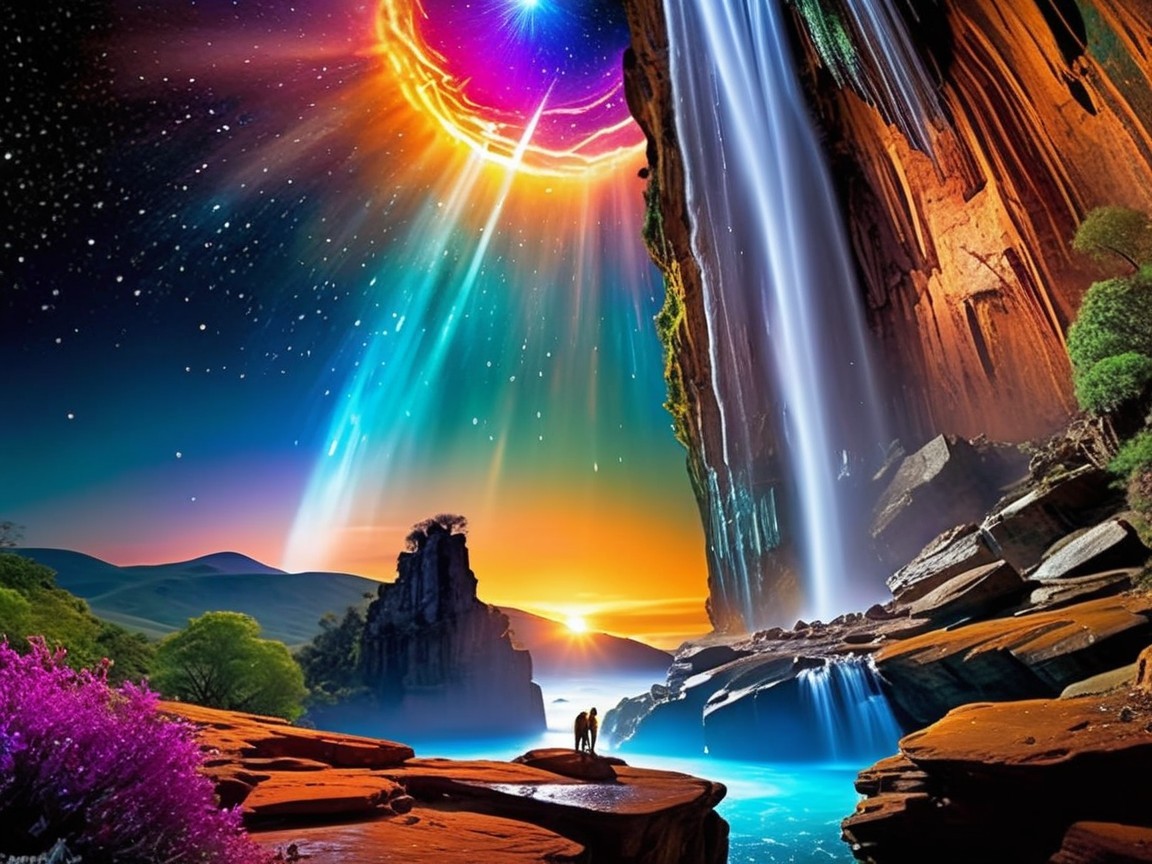 Vibrant Sunset Landscape with Waterfalls and Figures