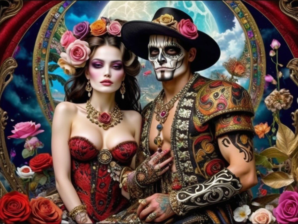 Couple in Mystical Setting with Floral Patterns and Moon