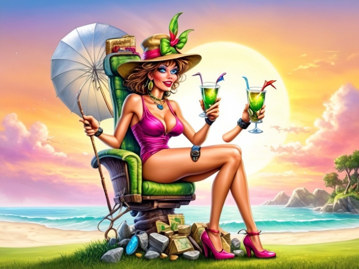 Glamorous Woman in Swimsuit at Beach Chair with Cocktails