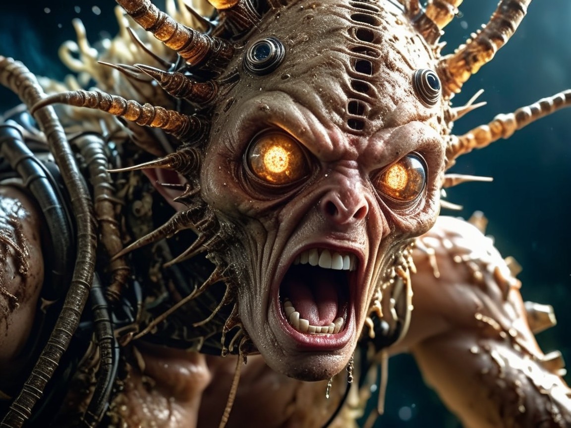 Menacing creature with organic machinery and fierce expression
