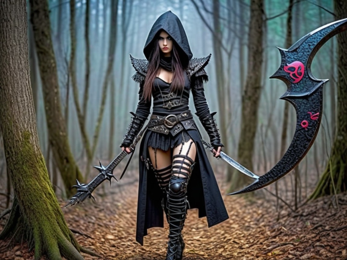 Mysterious Warrior in Misty Forest with Scythe