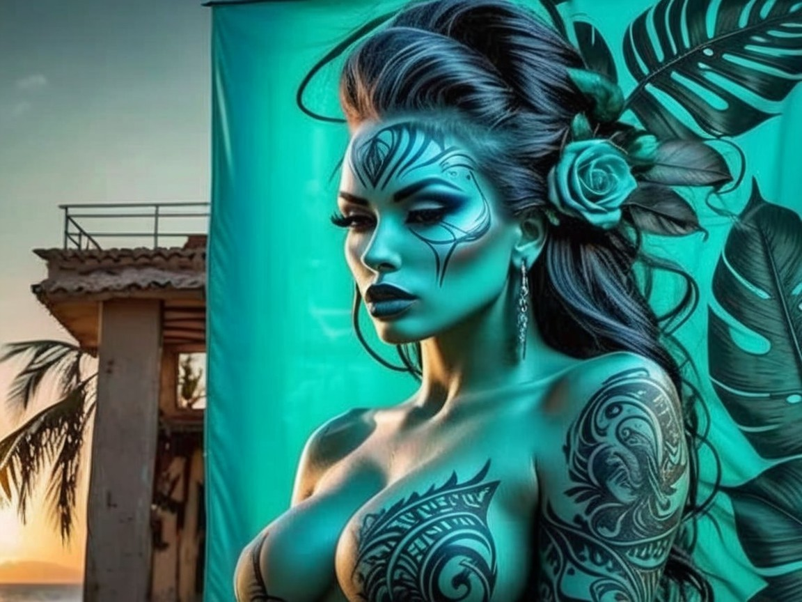 Woman with tattoos poses in tropical setting