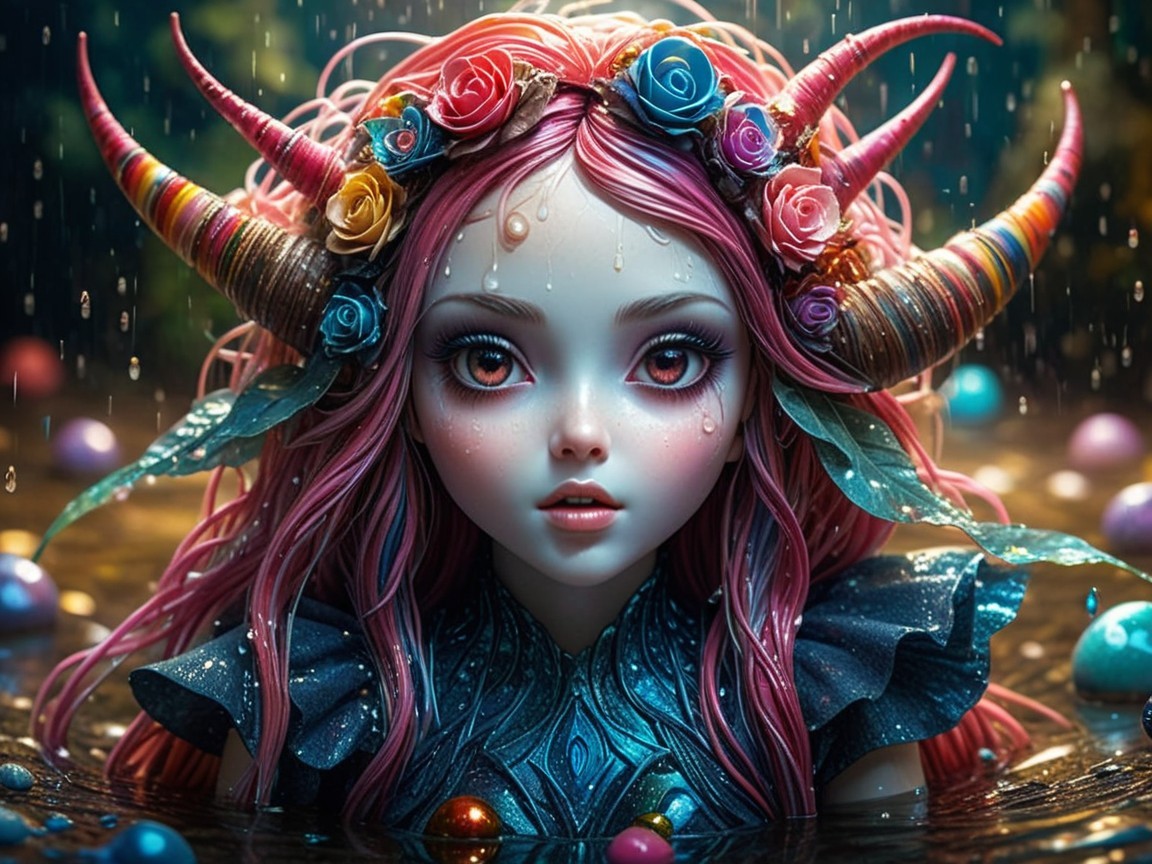 Fantastical character by shimmering pool with flowers