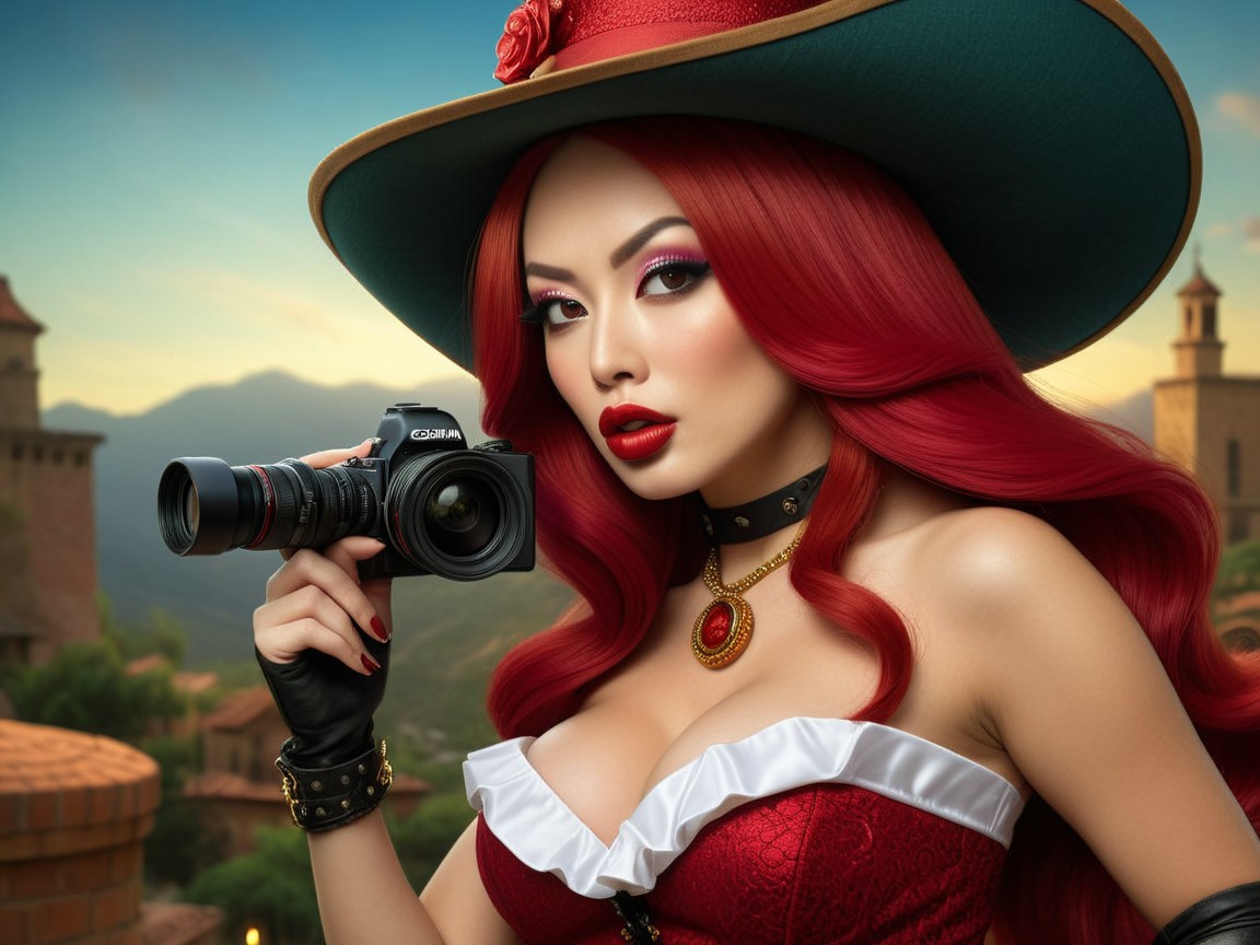 Confident Woman in Vintage Outfit with Camera and Scenery