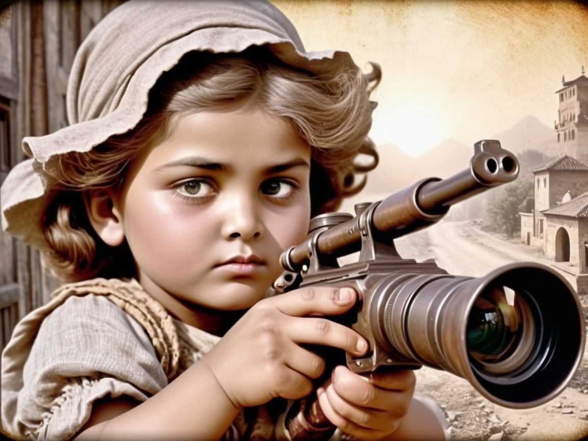 Child with Curly Hair Holding Vintage Camera Outdoors