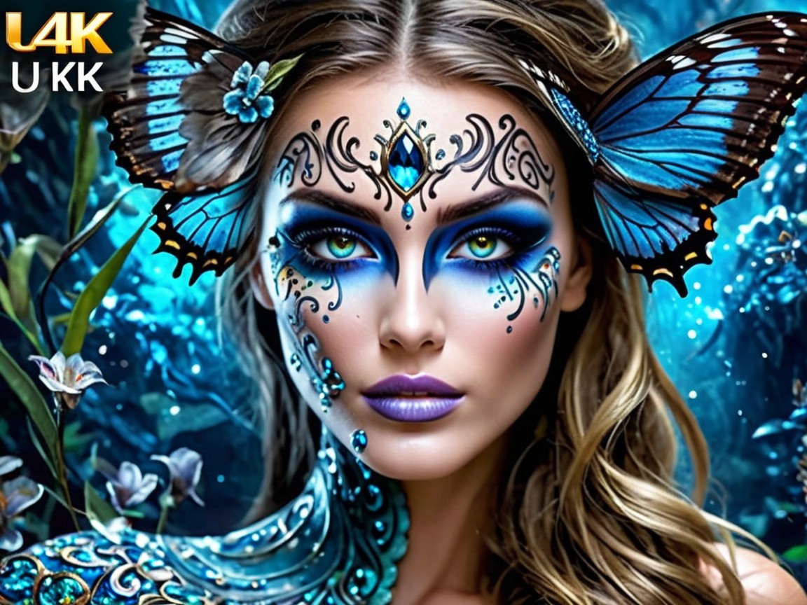 Portrait of Woman with Butterfly Face Paint and Hair