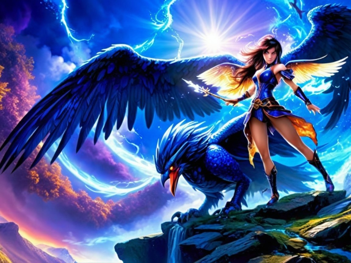 Fierce warrior with glowing staff and majestic wings
