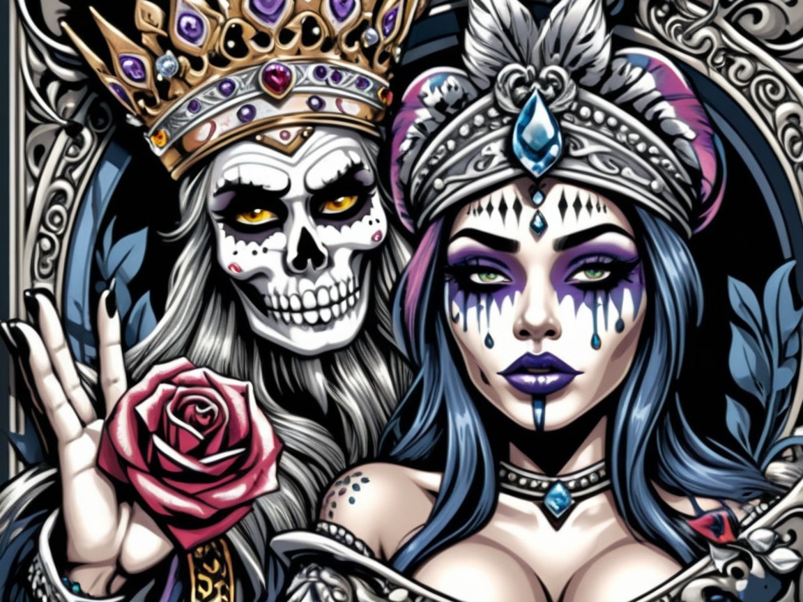 Fantastical Composition of Regal Woman and Skeletal Figure
