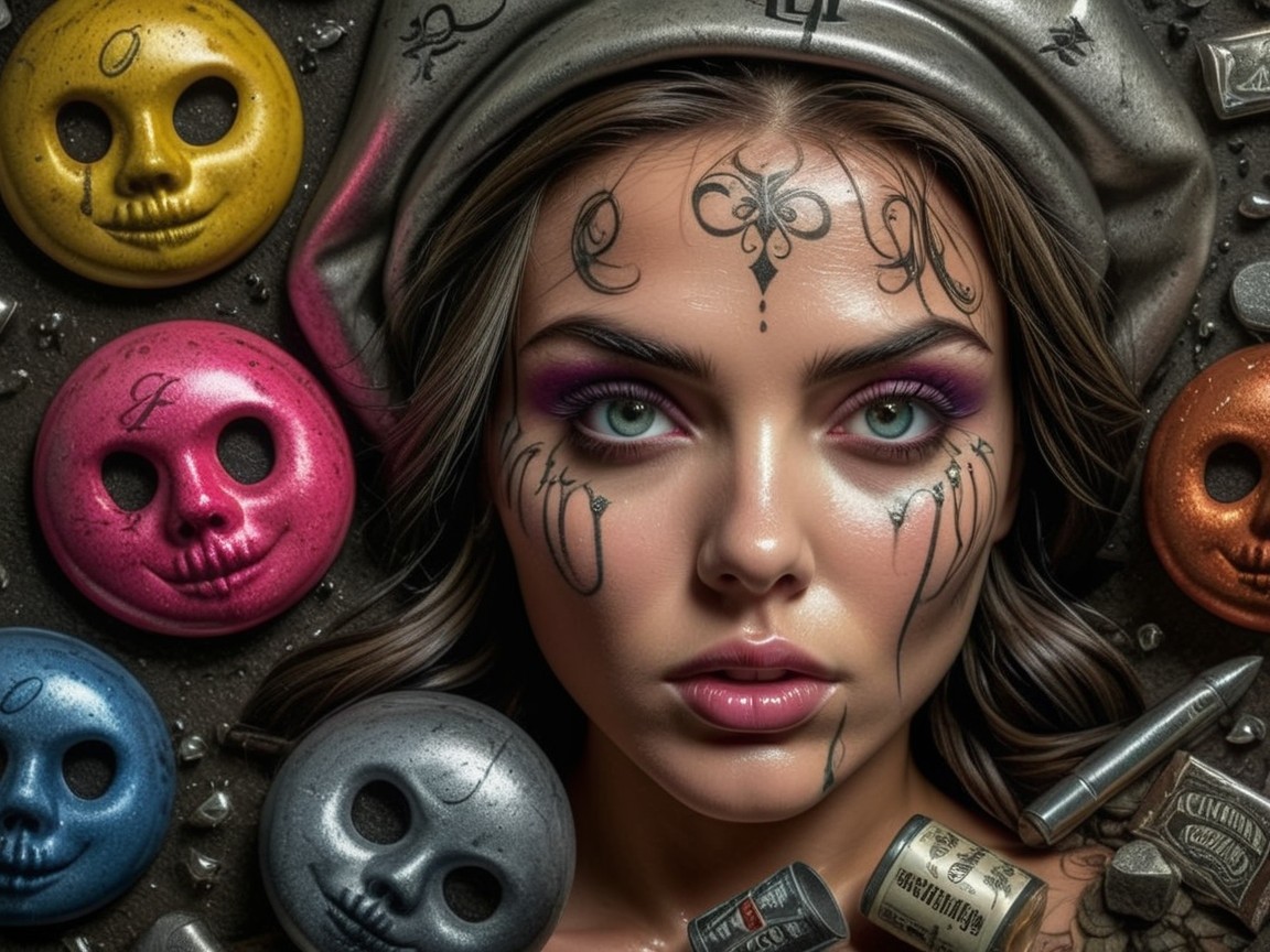 Close-Up of Young Woman with Facial Tattoos and Skulls