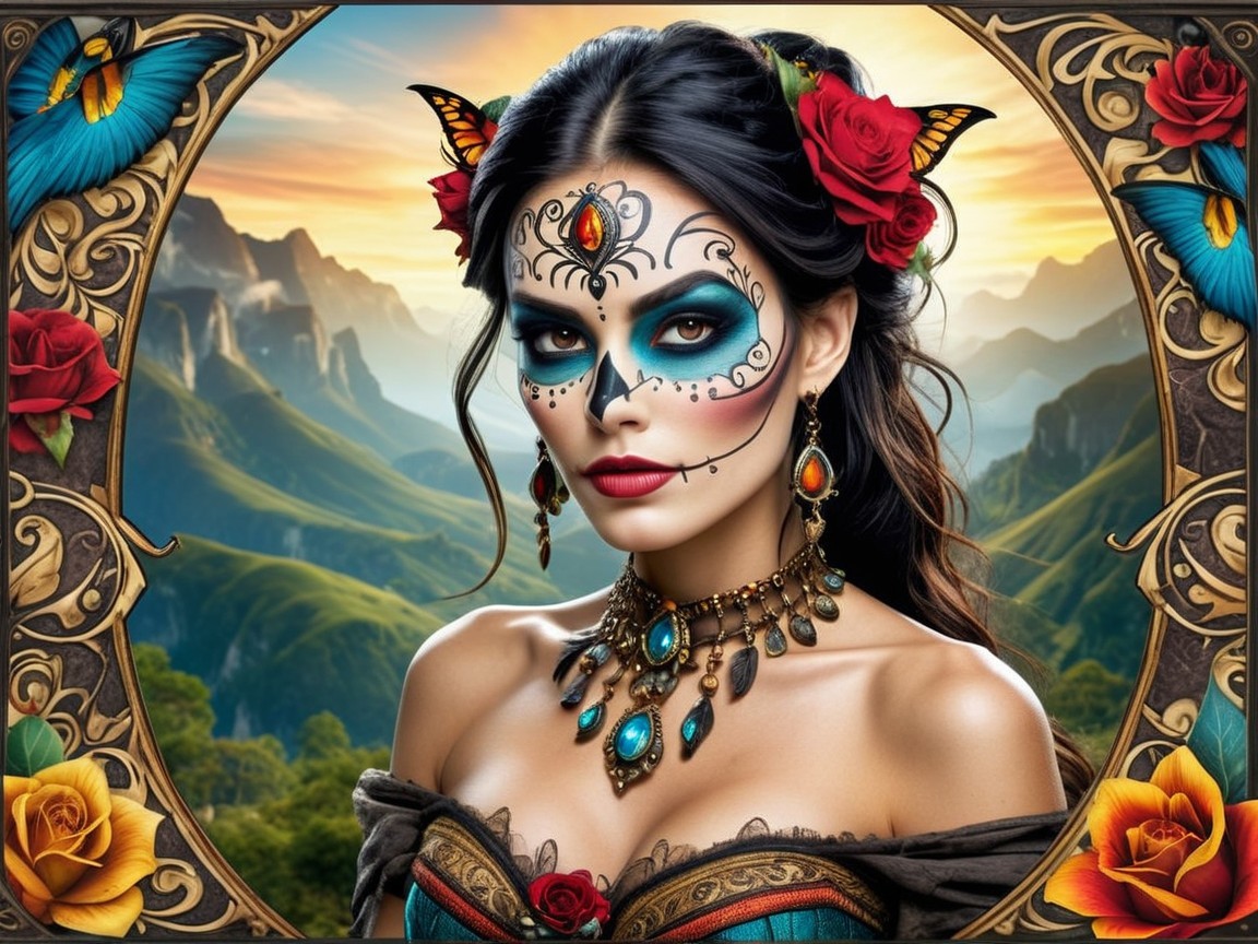 Woman with Sugar Skull Makeup in Mountain Landscape