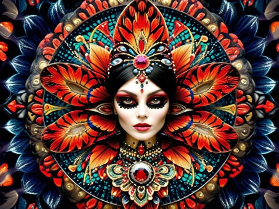 Intricate Illustration of Woman with Feather Mandala