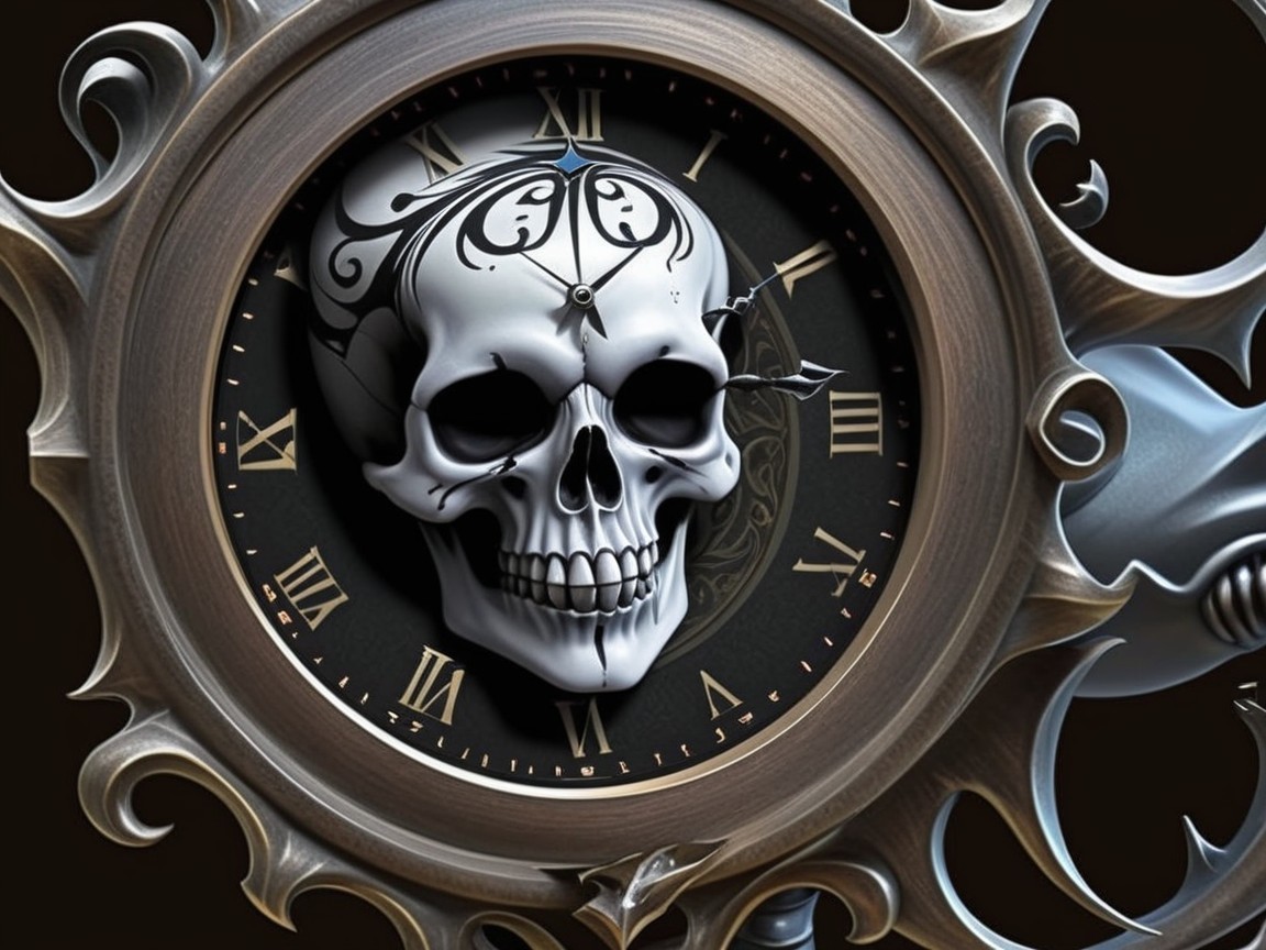 Ornate Wall Clock with Skull Face and Roman Numerals