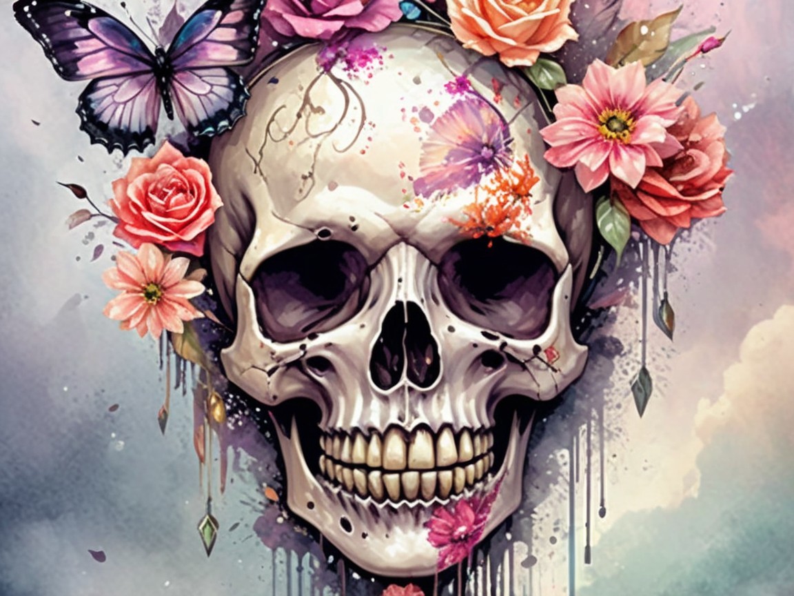 Colorful Skull Decorated with Flowers and Butterflies