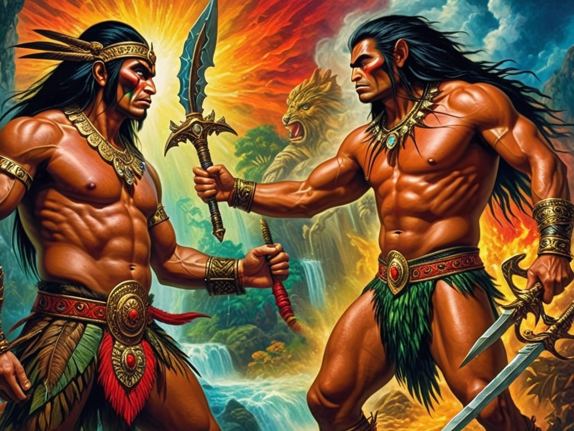 Muscular Warriors in Battle with Tribal Face Paint