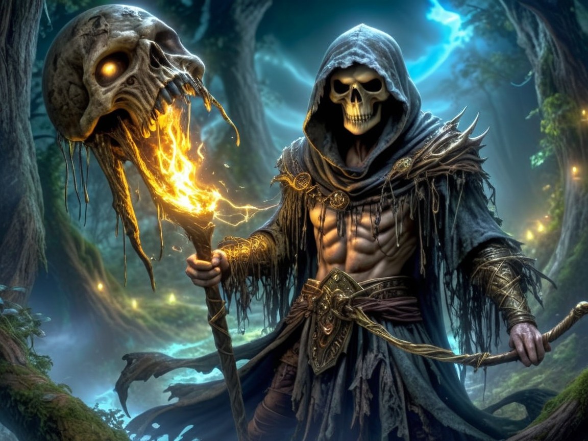 Mysterious Figure in Dark Robes with Glowing Skull Staff
