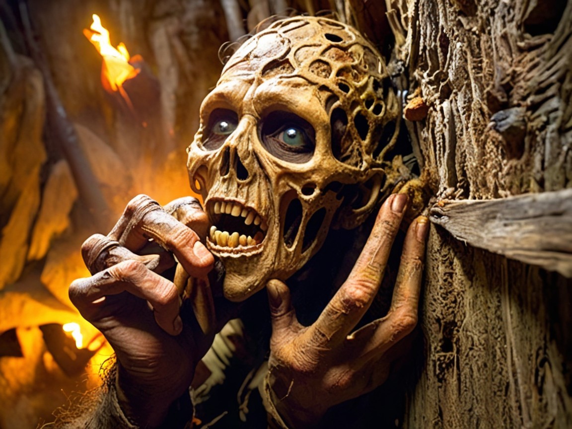 Detailed Skeletal Figure in Dark Rustic Setting