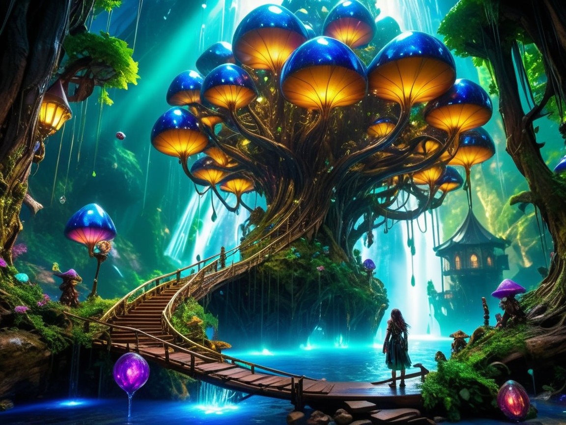 Mystical Tree and Pagoda by Serene Lake with Orbs