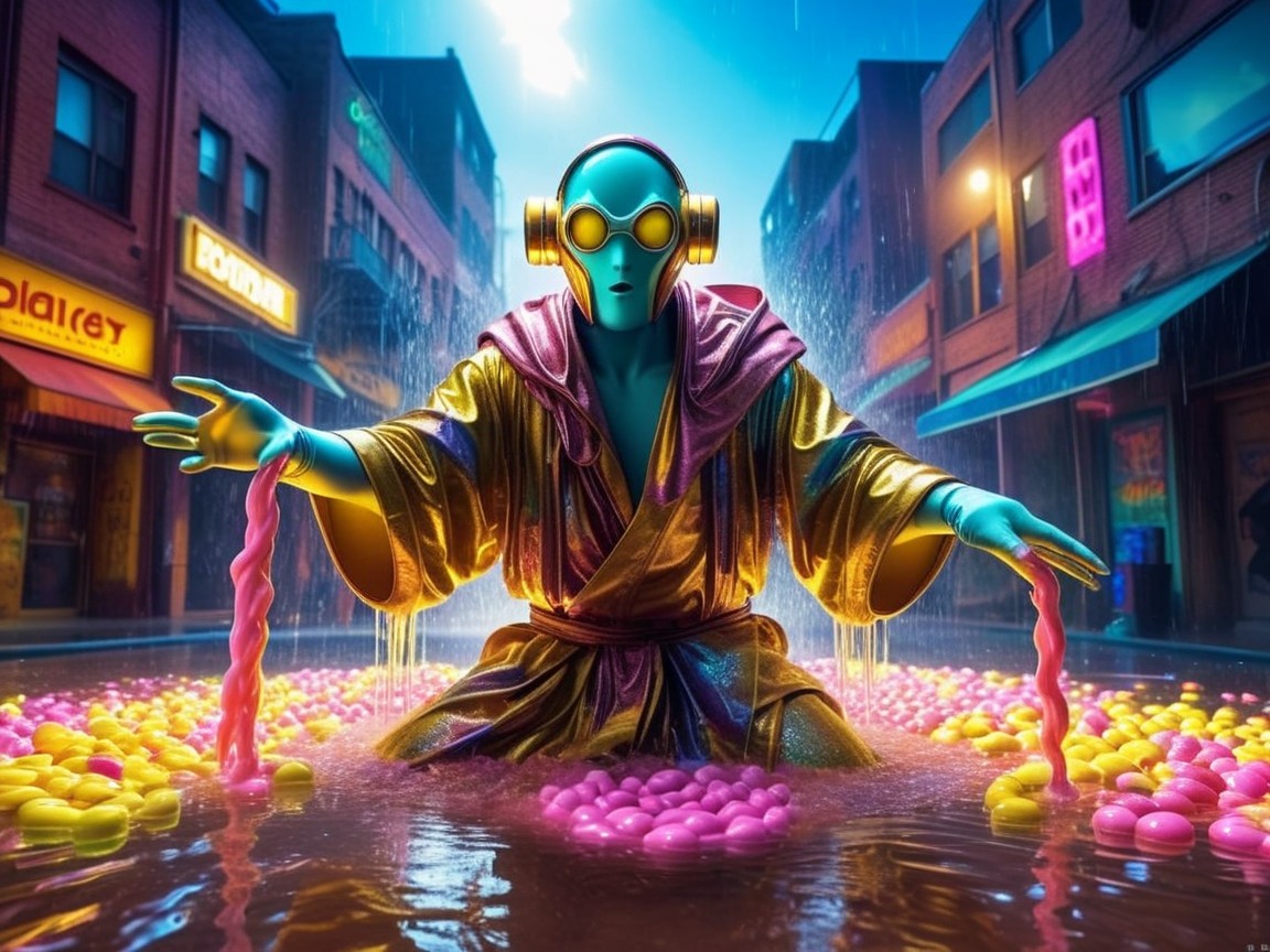 Surreal Figure in Colorful Eggs and Urban Rain Scene