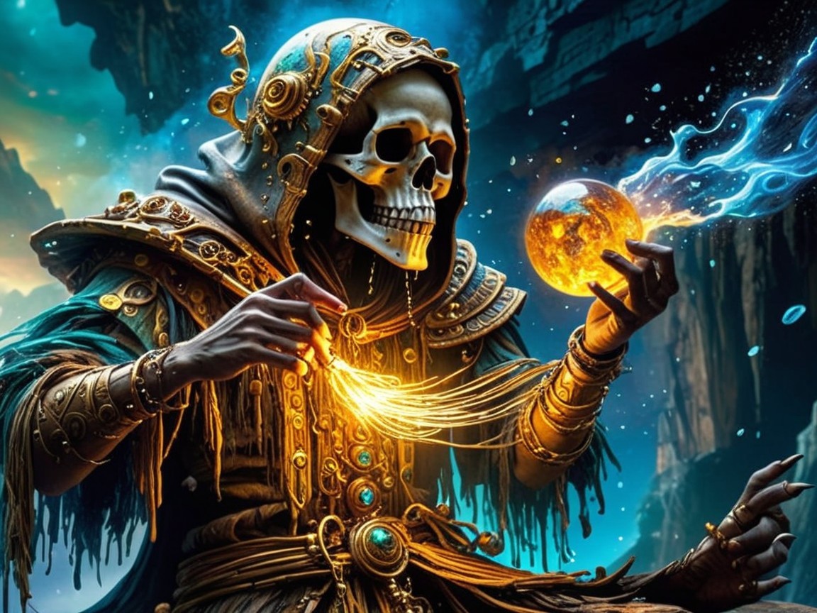 Mystical figure with skull face in ethereal landscape