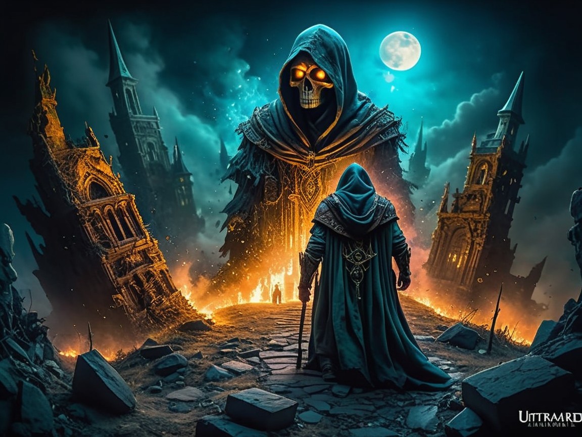 Hooded Figure and Colossal Skeletal Being in Ruins