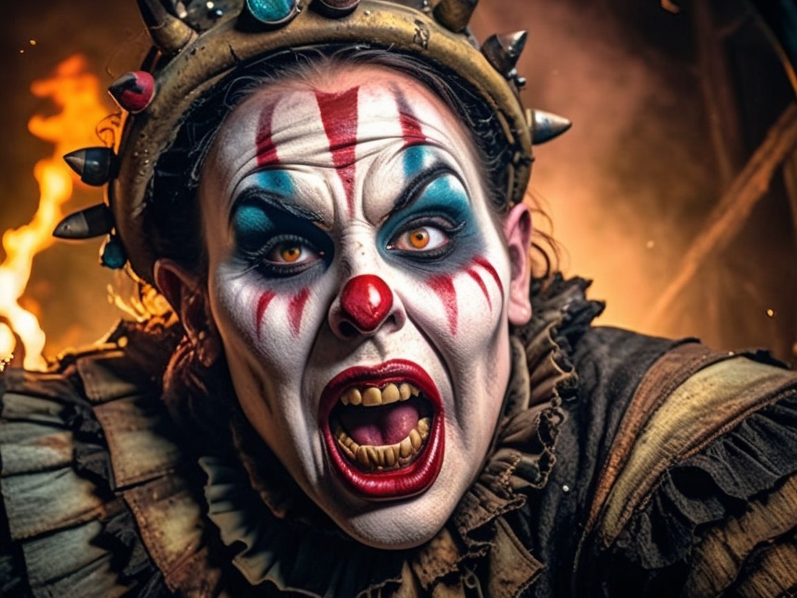 Menacing Clown with Toothy Grin and Eerie Setting