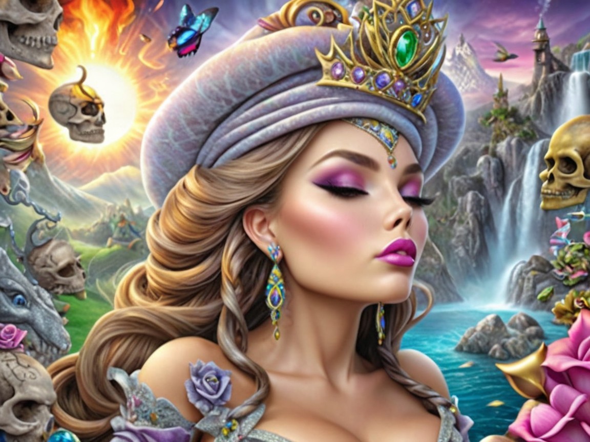 Regal Woman in Jeweled Crown with Mystical Landscape