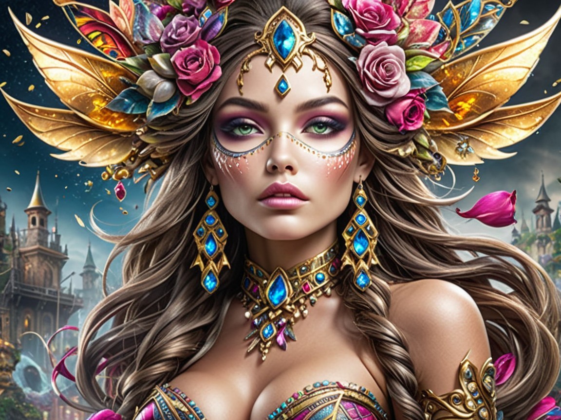 Fantasy Character with Jewelry and Floral Headdress