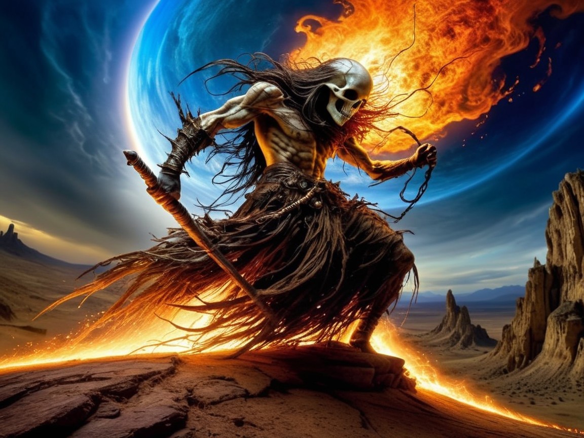 Skeletal Warrior in Fiery Landscape with Celestial Sky
