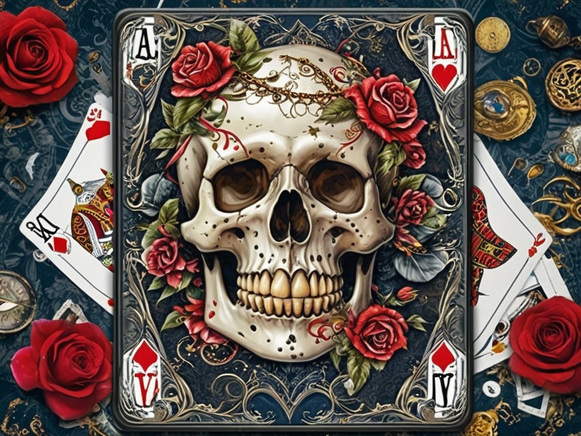 Stylized Playing Card with Skull and Floral Motifs