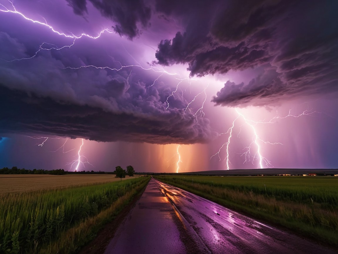 Dramatic Storm Scene with Lightning and Reflected Colors