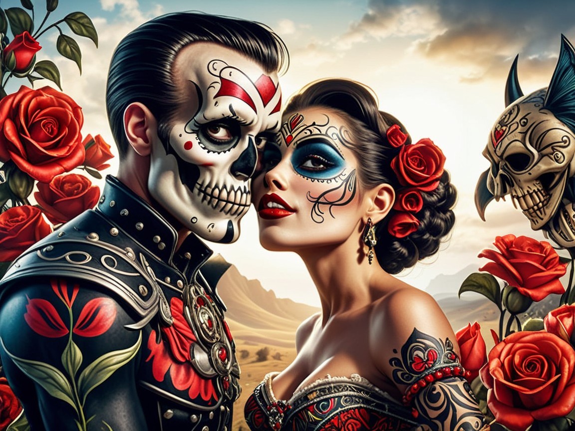 Couple in Día de los Muertos Makeup with Floral Details