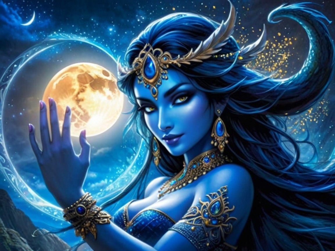 Mystical blue-skinned woman with moonlit backdrop