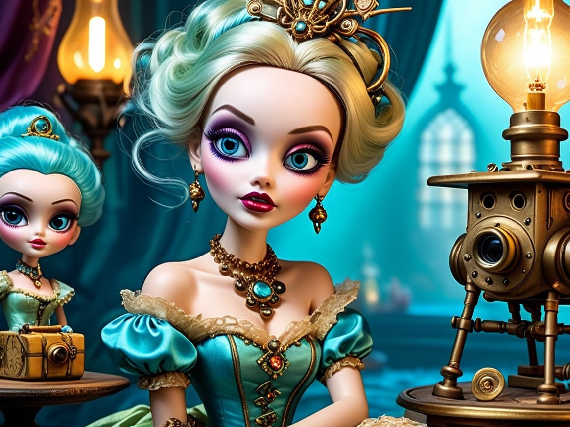 Elegant dolls in opulent outfits with vintage decor