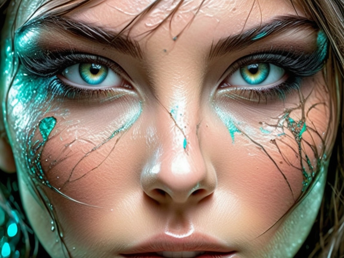 Close-up of a face with green eyes and teal makeup