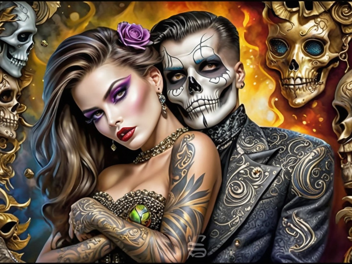 Couple Posing with Skull-Themed Backdrop and Tattoos