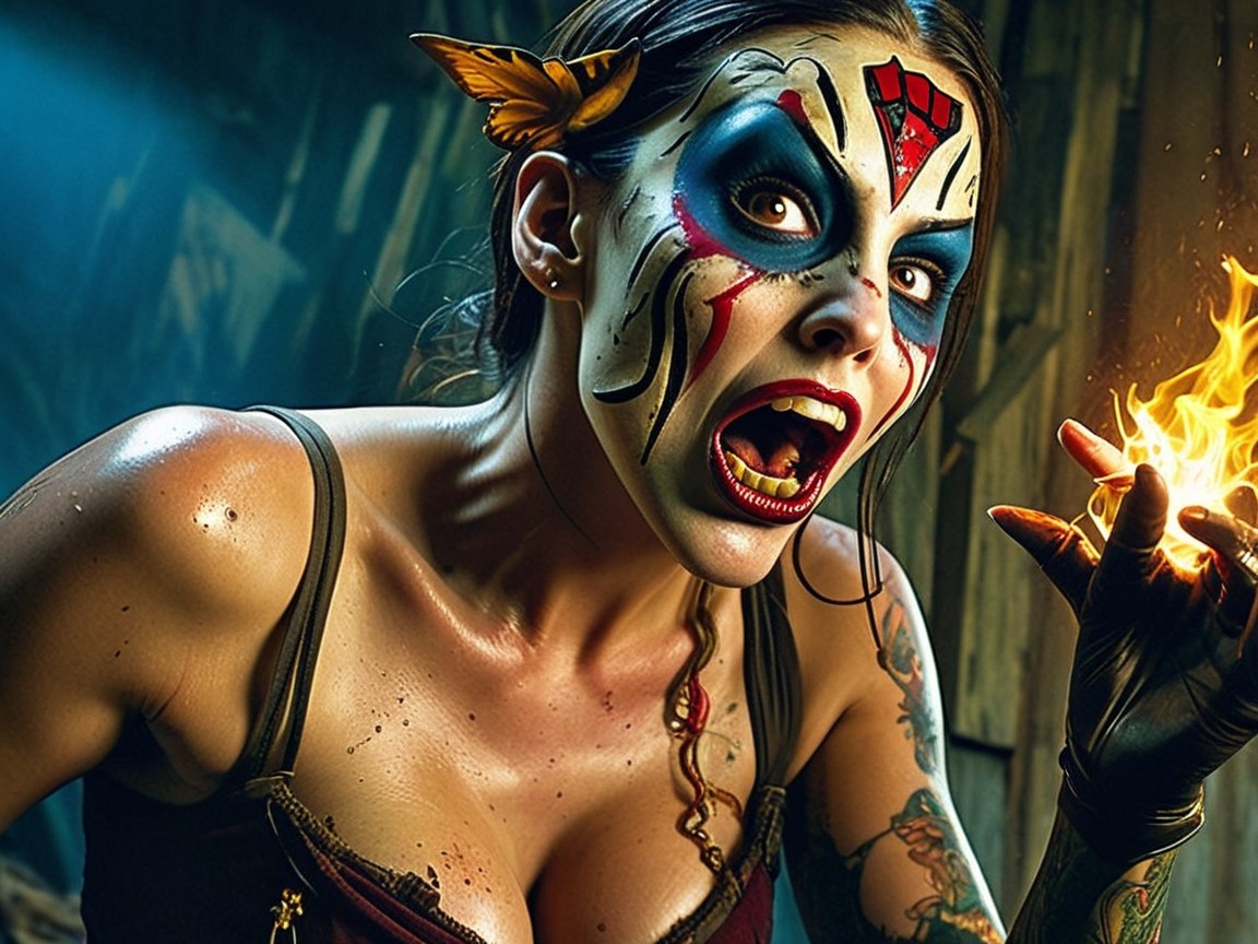 Dramatic Makeup and Fierce Expression with Flame