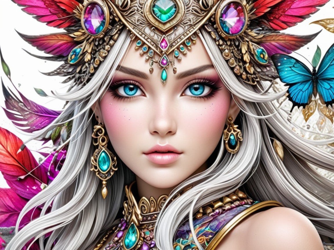Mystical Young Woman with Silver Hair and Blue Eyes