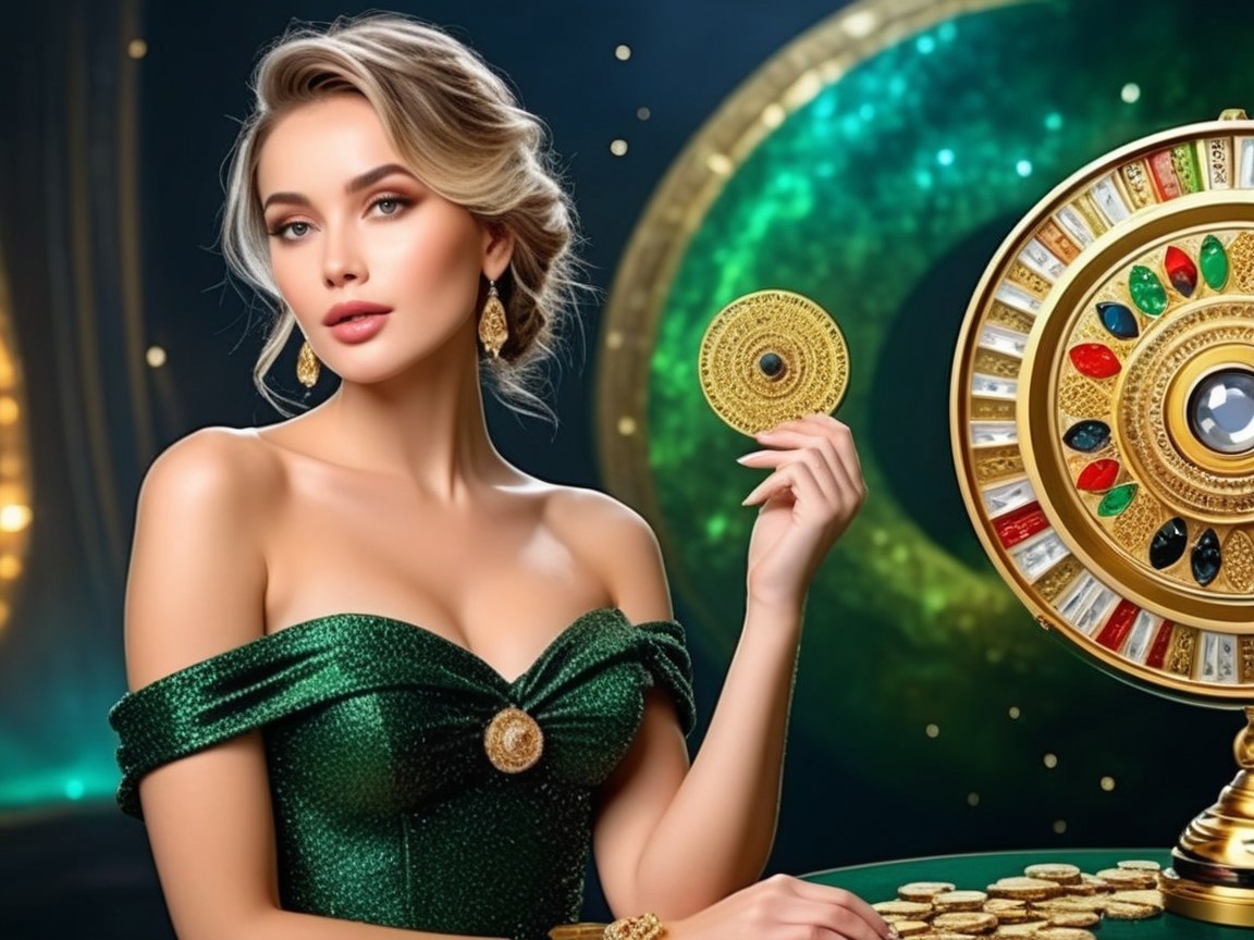Glamorous Woman in Green Gown by Luxurious Roulette Wheel