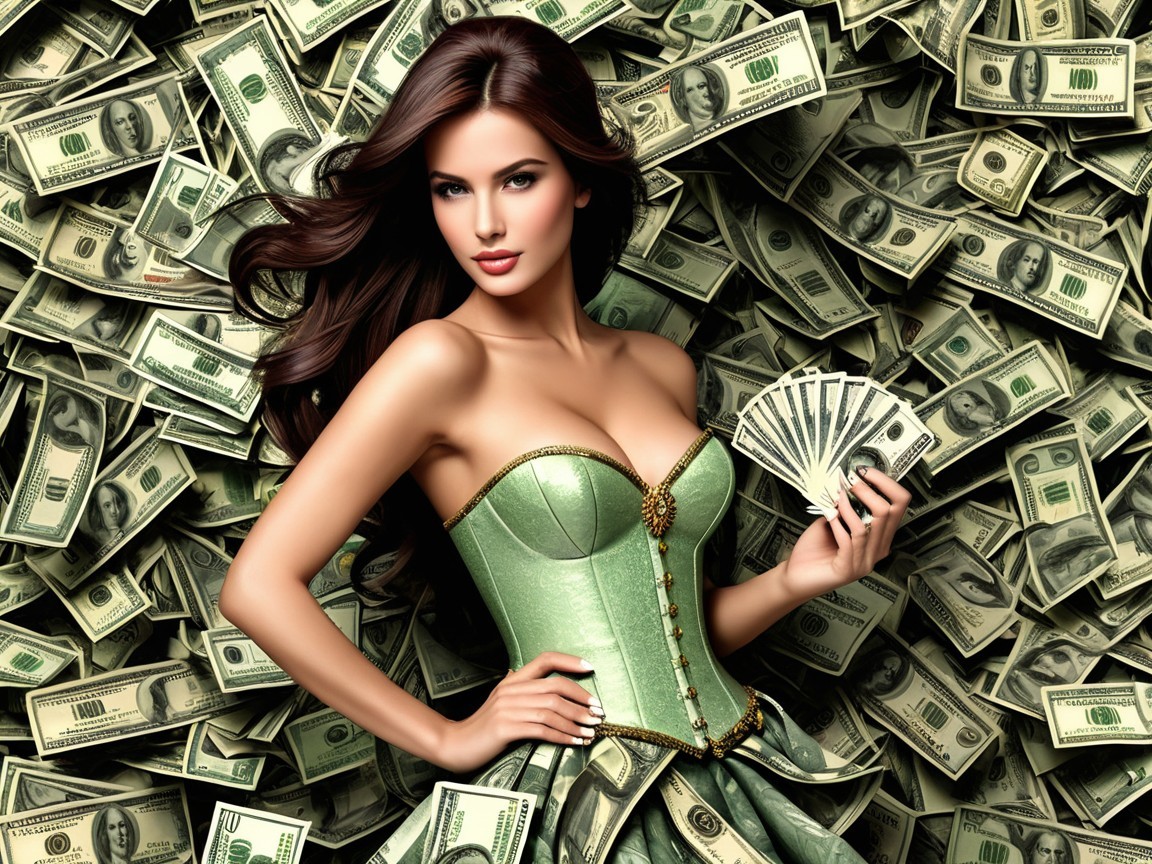Confident Woman in Green Corset Amid Dollar Bills