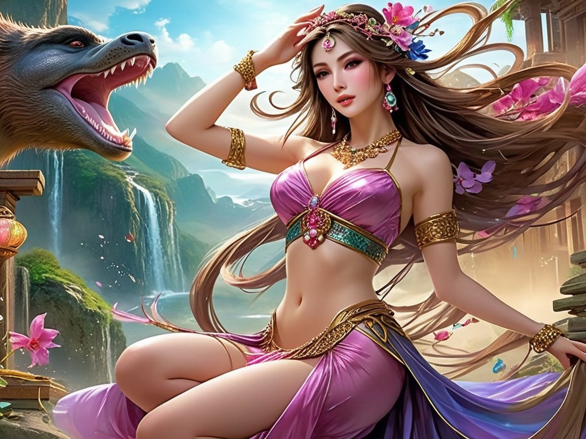 Fantasy Scene with Woman in Purple Outfit and Mythical Creature