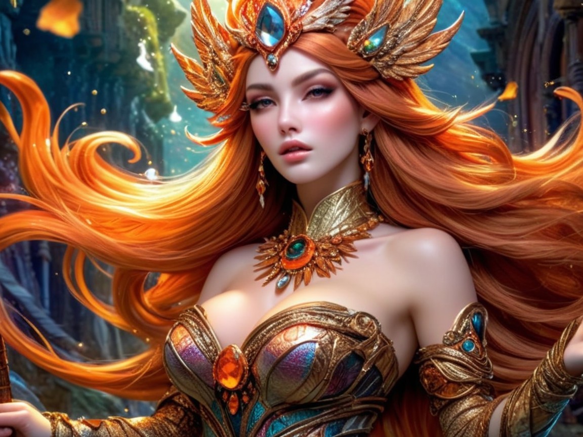 Regal figure in gold armor with vibrant gemstones