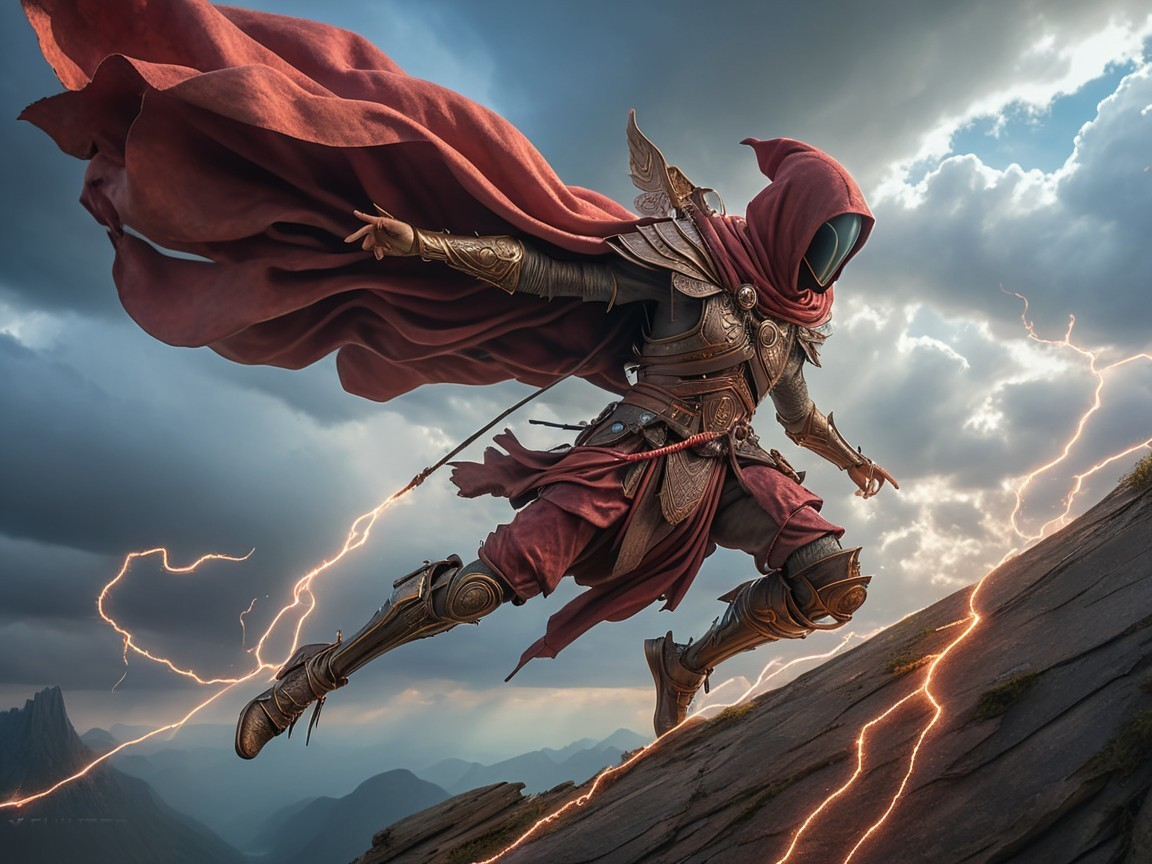 Hooded warrior in armor leaps across rocky terrain