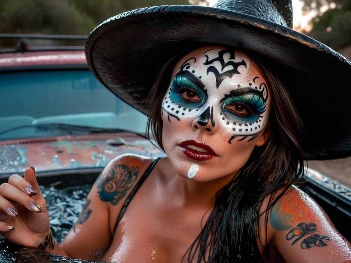 Woman in Sugar Skull Makeup by Old Red Truck