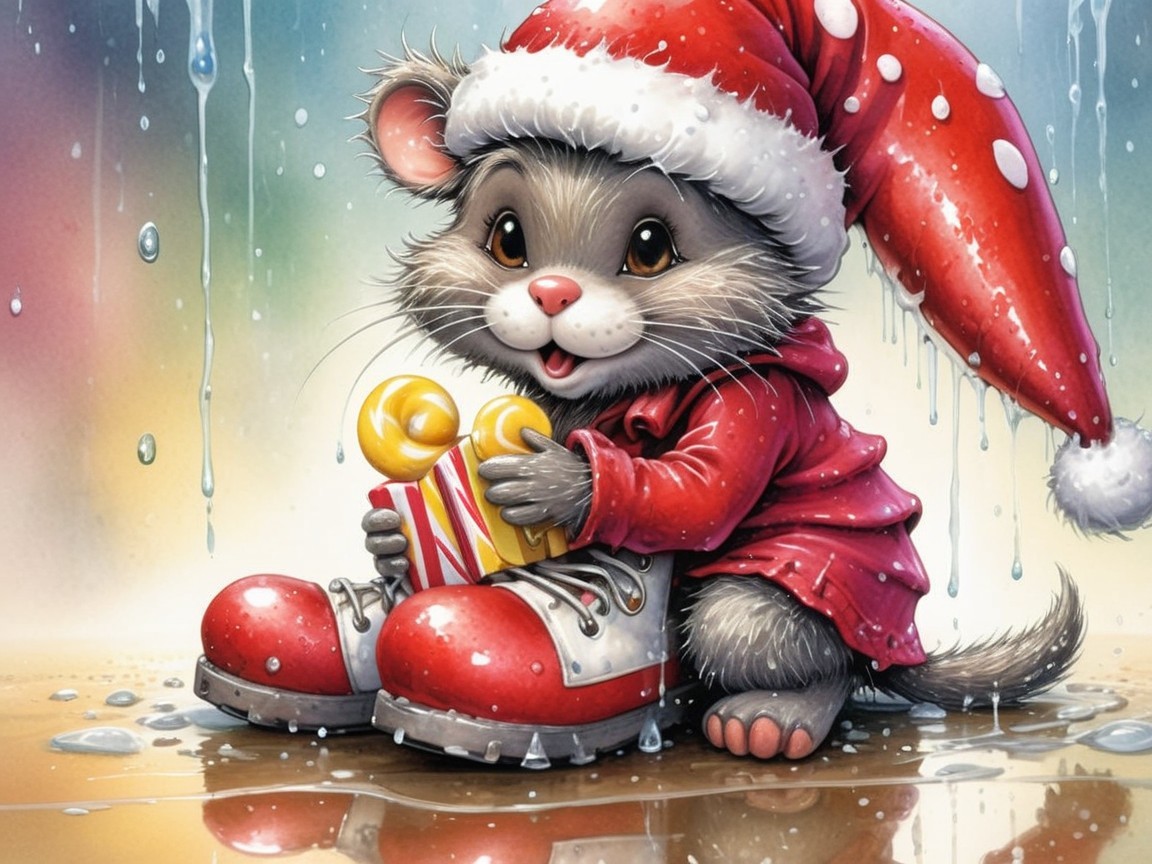 Anthropomorphic gray mouse in festive attire and setting