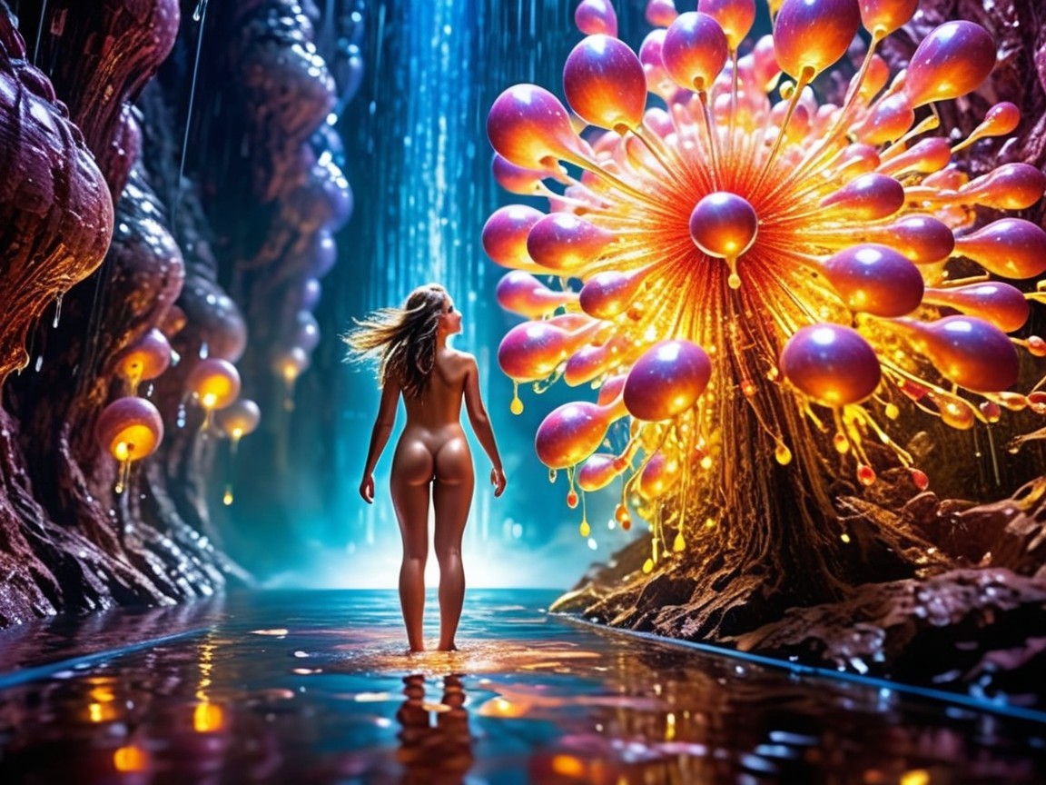 Surreal Landscape with Bioluminescent Flora and Waterfalls