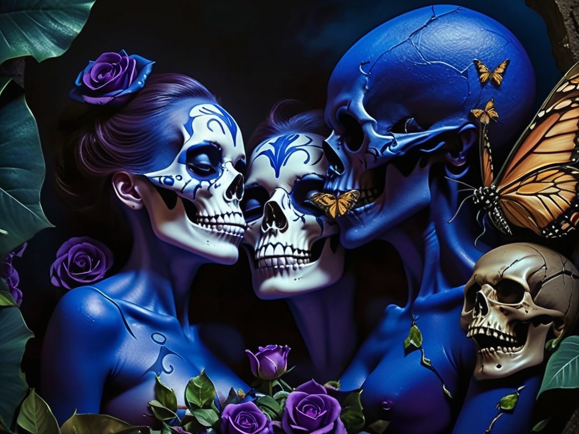Intricate Figures with Blue Skulls and Floral Elements